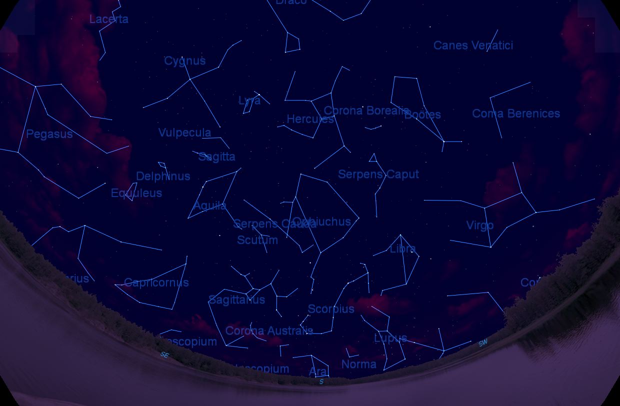Constelaciones de Agosto viendo al sur, como a las 8:30 pm local.